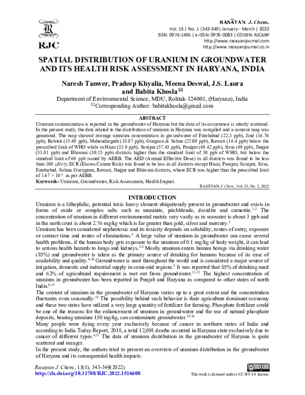 (PDF) Spatial Distribution of Uranium in Groundwater and Its Health ...