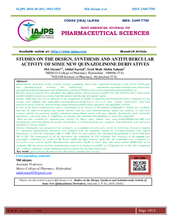 (PDF) Studies On The Design, Synthesis And Antitubercular Activity Of ...