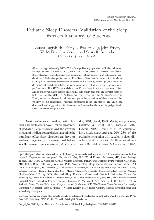 (PDF) Pediatric Sleep Disorders: Validation of the Sleep Disorders ...