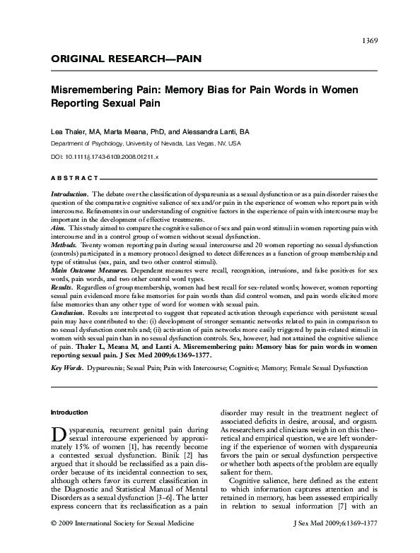 (PDF) ORIGINAL RESEARCH–PAIN: Misremembering Pain: Memory Bias for Pain ...
