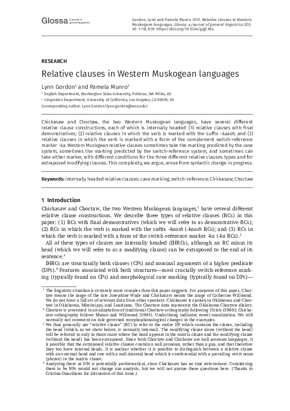 (PDF) Relative clauses in Western Muskogean languages