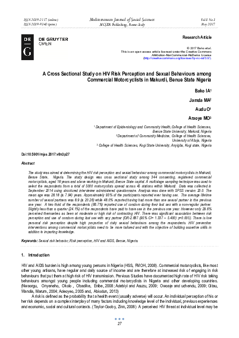 (PDF) A Cross Sectional Study on HIV Risk Perception and Sexual ...