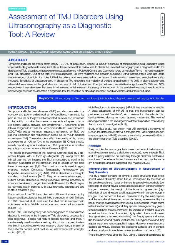 (PDF) Assessment of TMJ Disorders Using Ultrasonography as a Diagnostic ...