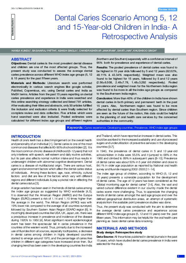 (PDF) Dental Caries Scenario Among 5, 12 and 15-Year-old Children in ...