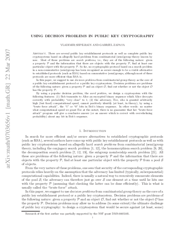 (PDF) Using Decision Problems in Public Key Cryptography