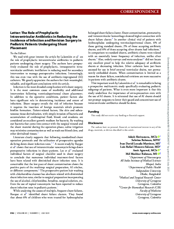 (PDF) Letter: The Role of Prophylactic Intraventricular Antibiotics in ...
