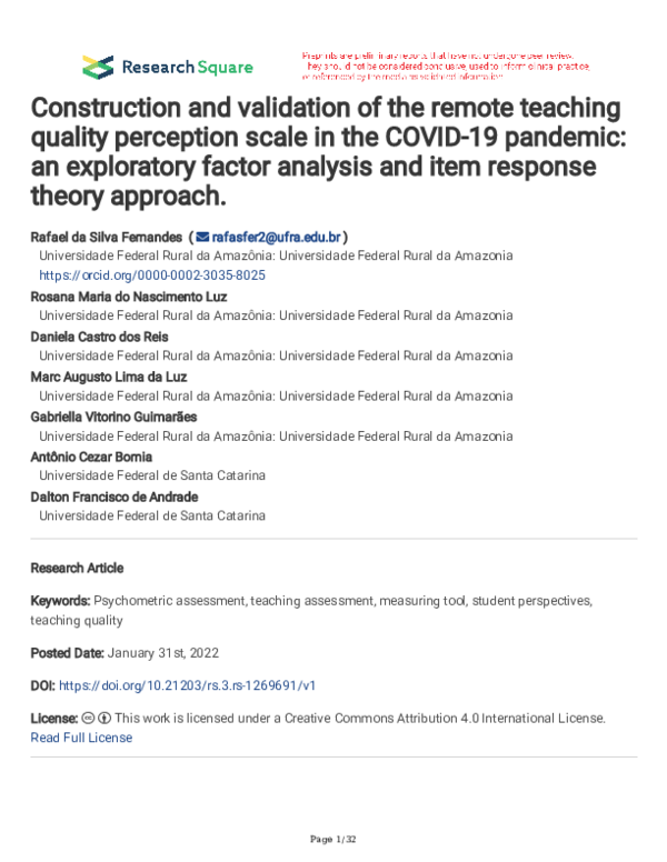 (PDF) Construction and validation of the remote teaching quality ...
