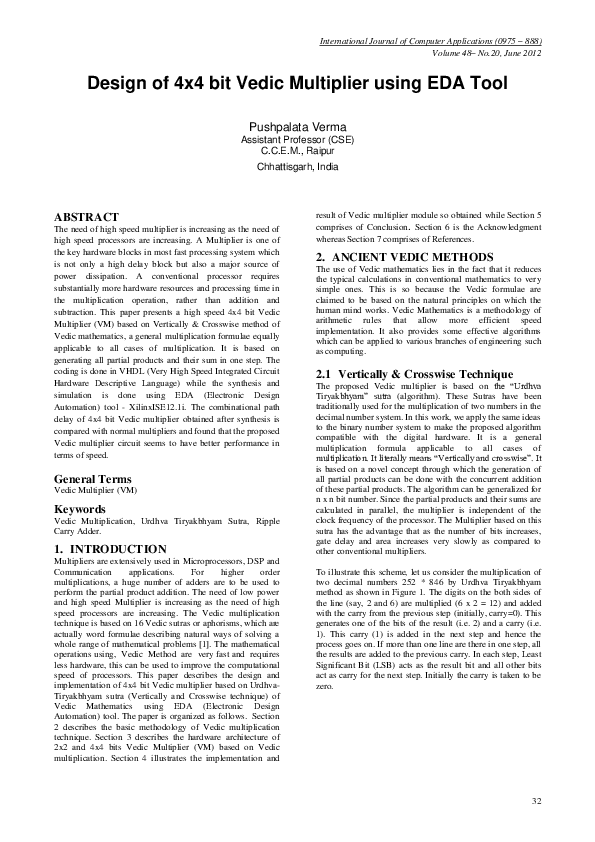 (PDF) Design of 4x4 bit Vedic Multiplier using EDA Tool