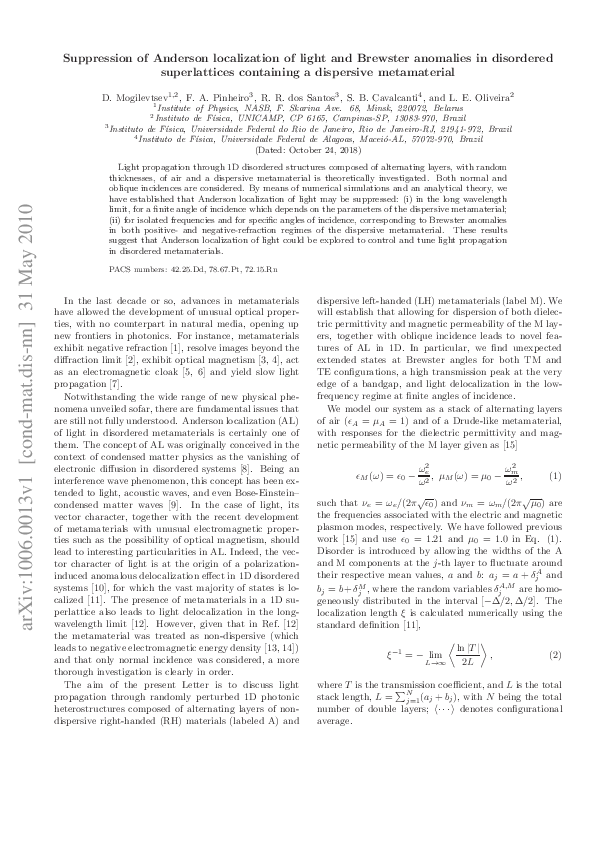 (PDF) Suppression of Anderson localization of light and Brewster ...