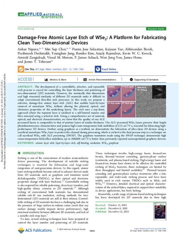 Damage-Free Atomic Layer Etch of WSe2: A Platform for Fabricating Clean Two-Dimensional Devices