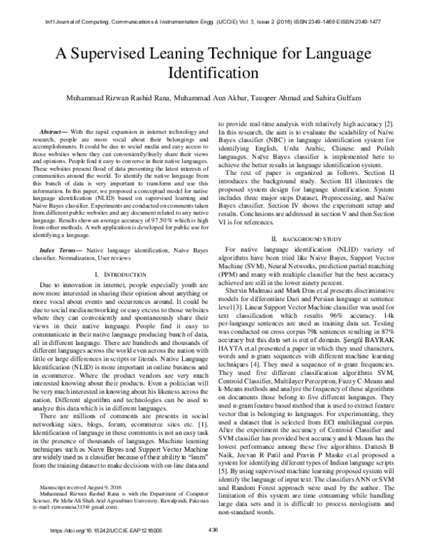 (PDF) A Supervised Leaning Technique for Language Identification