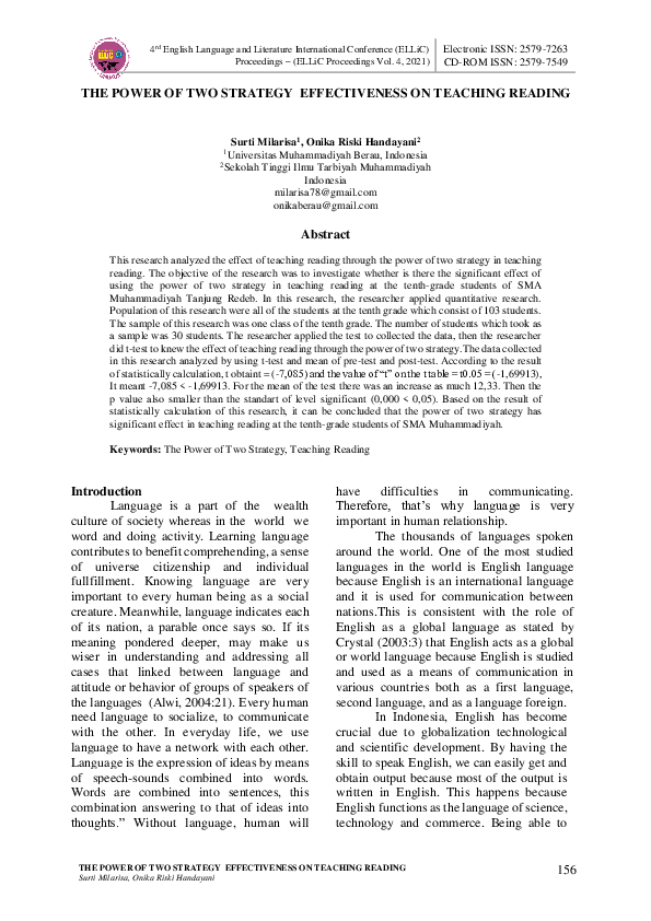 (PDF) The Power of Two Strategy Effectiveness on Teaching Reading