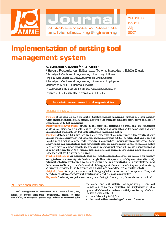 (PDF) Implementation of cutting tool management system Goran