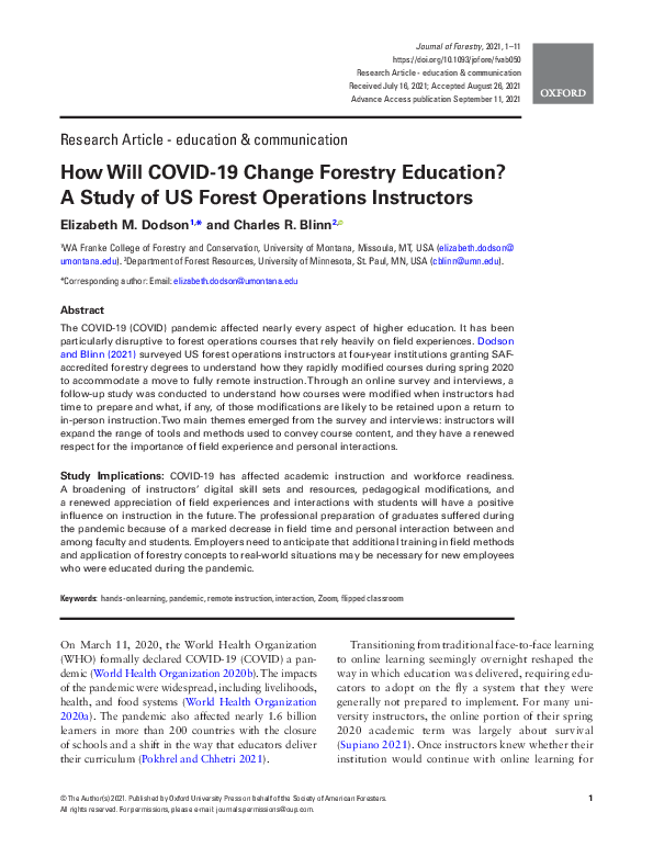(PDF) How Will COVID-19 Change Forestry Education? A Study of US Forest ...