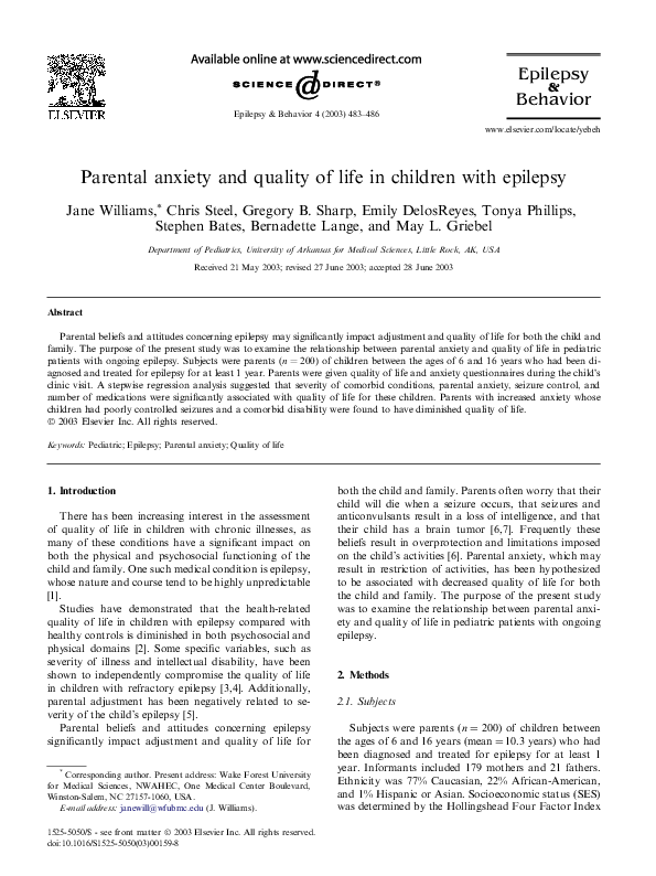 (PDF) Parental anxiety and quality of life in children with epilepsy