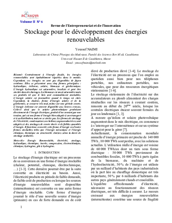 (PDF) Stockage pour le développement des énergies renouvelables | naimi ...
