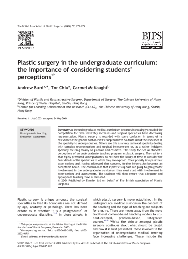(PDF) Plastic surgery in the undergraduate curriculum: the importance ...