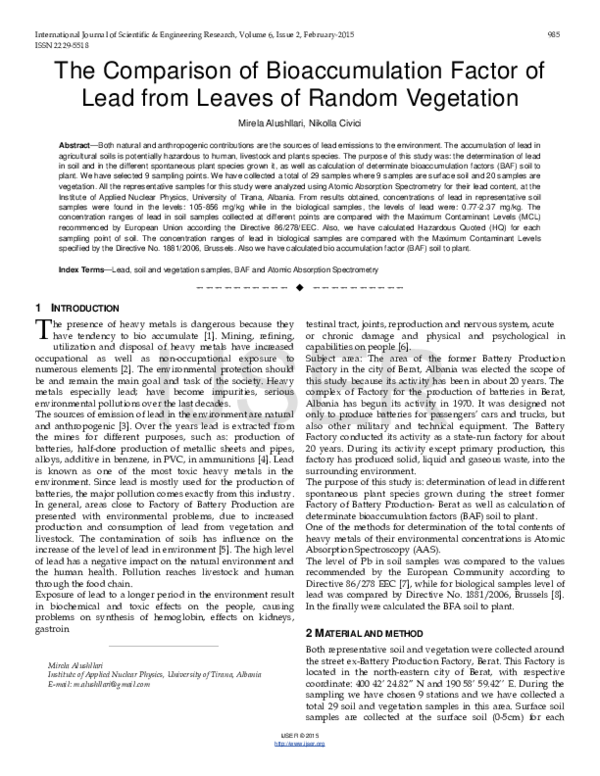 (PDF) Bioaccumulation of Lead in Vegetation: A Comparative Study