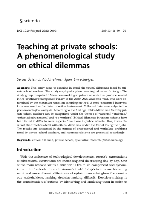 (PDF) Teaching at private schools: A phenomenological study on ethical ...