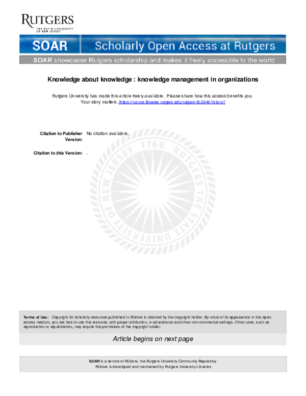 (PDF) Knowledge about knowledge : knowledge management in organizations