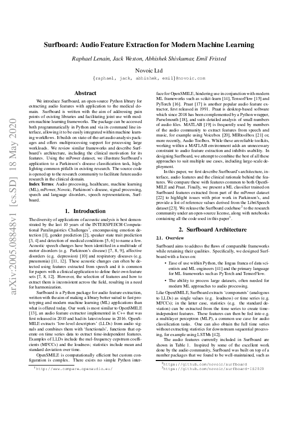 (PDF) Surfboard: Audio Feature Extraction for Modern Machine Learning