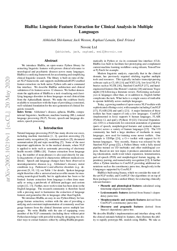(PDF) BlaBla: Linguistic Feature Extraction for Clinical Analysis in ...