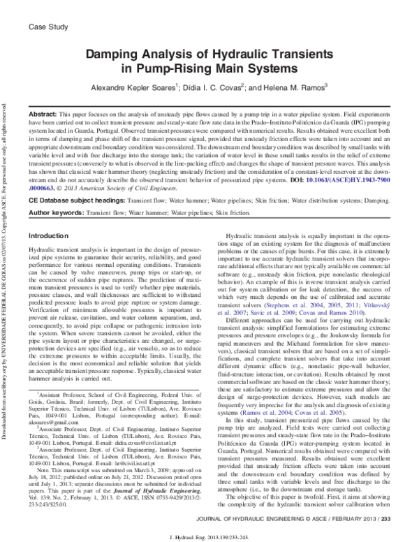 (PDF) Damping Analysis of Hydraulic Transients in PumpRising Main