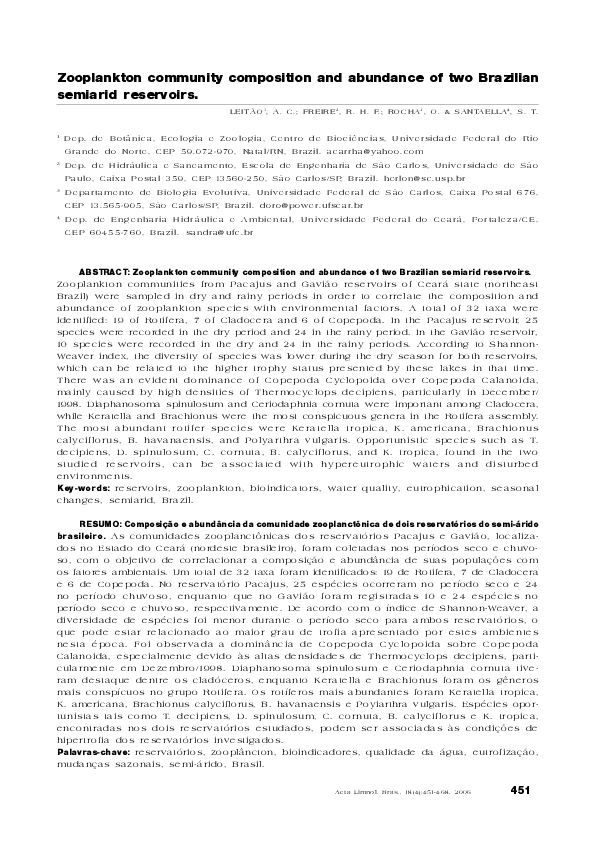 (PDF) Zooplankton community composition and abundance of two Brazilian ...