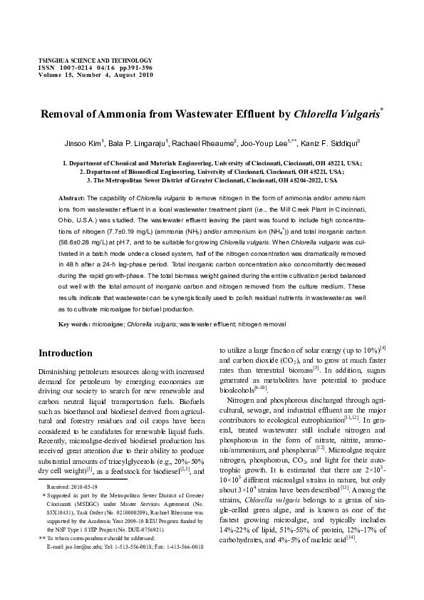 (PDF) Removal of ammonia from wastewater effluent by chlorella vulgaris