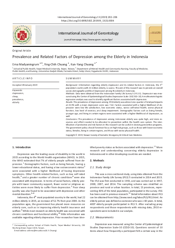 (PDF) Prevalence and related factors of depression among the elderly in ...