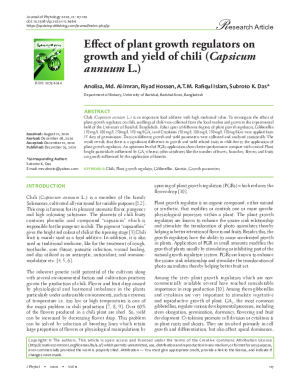 (PDF) Effect of plant growth regulators on growth and yield of chili ...