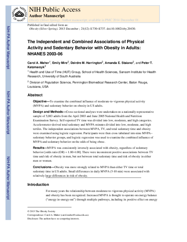 (PDF) The independent and combined associations of physical activity ...