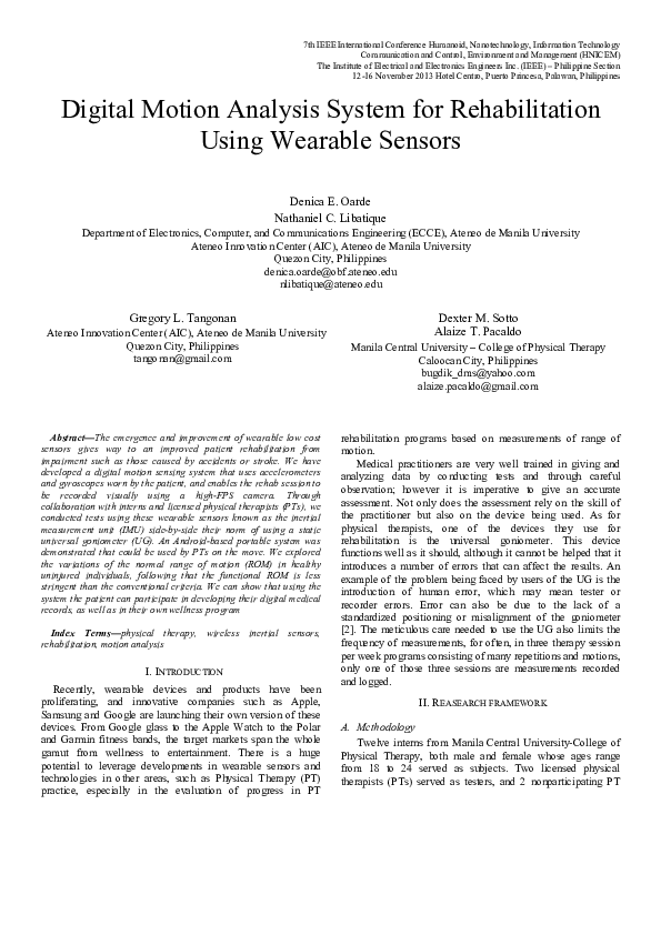 (PDF) Digital motion analysis system for rehabilitation using wearable ...