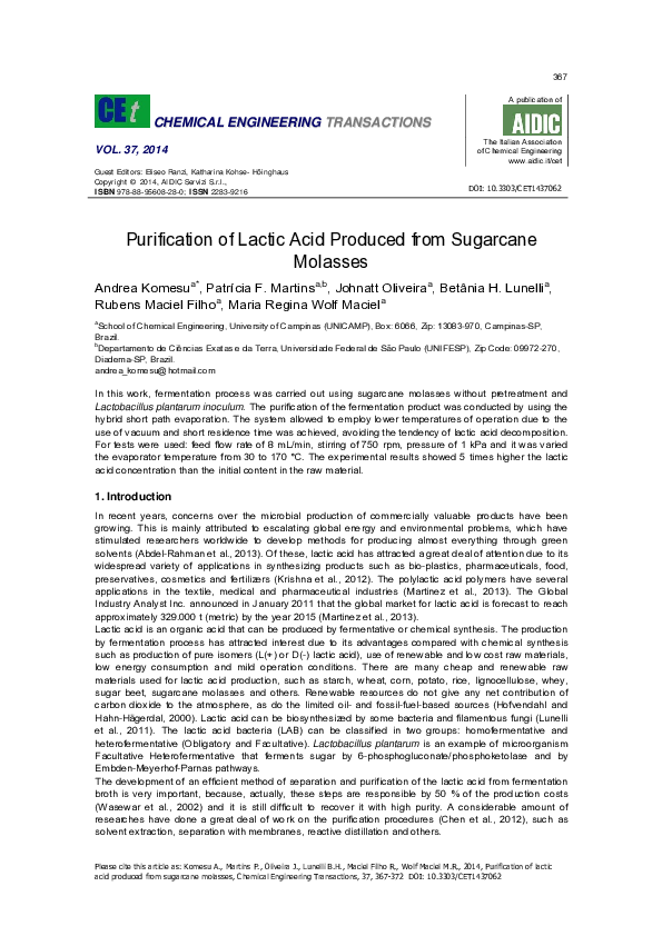 (PDF) Purification of lactic acid produced from sugarcane molasses B