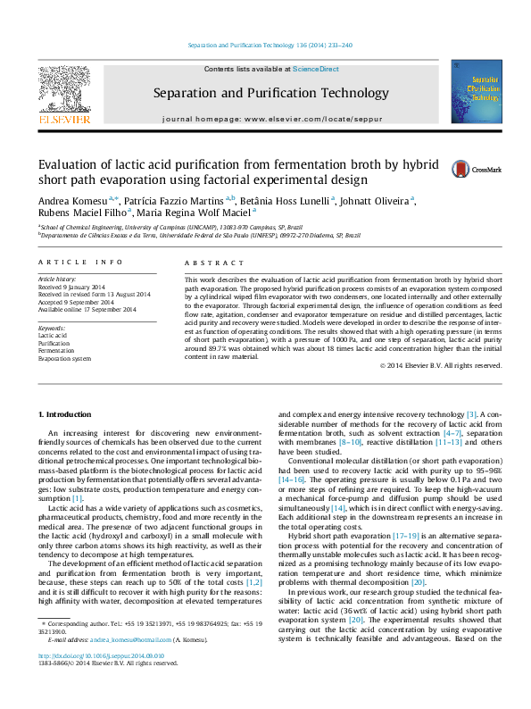 (PDF) Evaluation of lactic acid purification from fermentation broth by ...