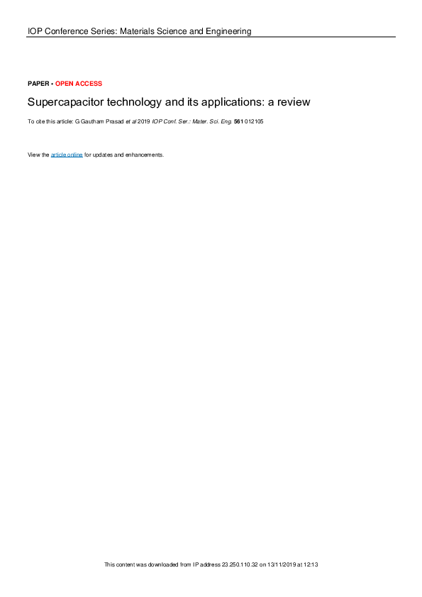 (PDF) Supercapacitor technology and its applications: a review