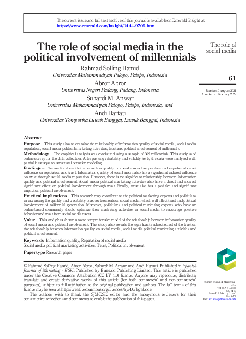 (PDF) The role of social media in the political involvement of millennials