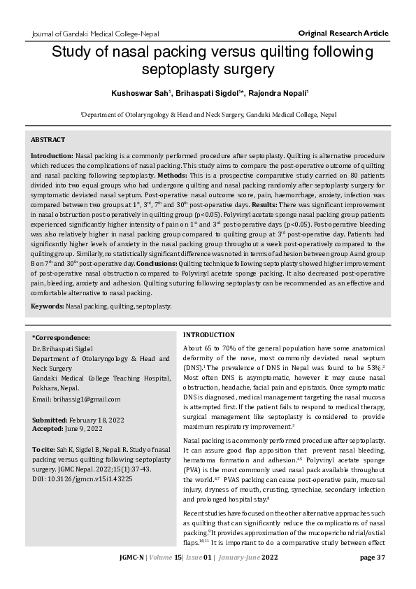 (PDF) Study of nasal packing versus quilting following septoplasty surgery