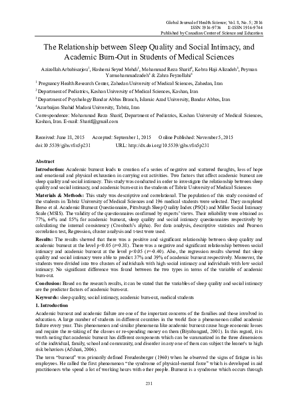 (PDF) The Relationship between Sleep Quality and Social Intimacy, and ...