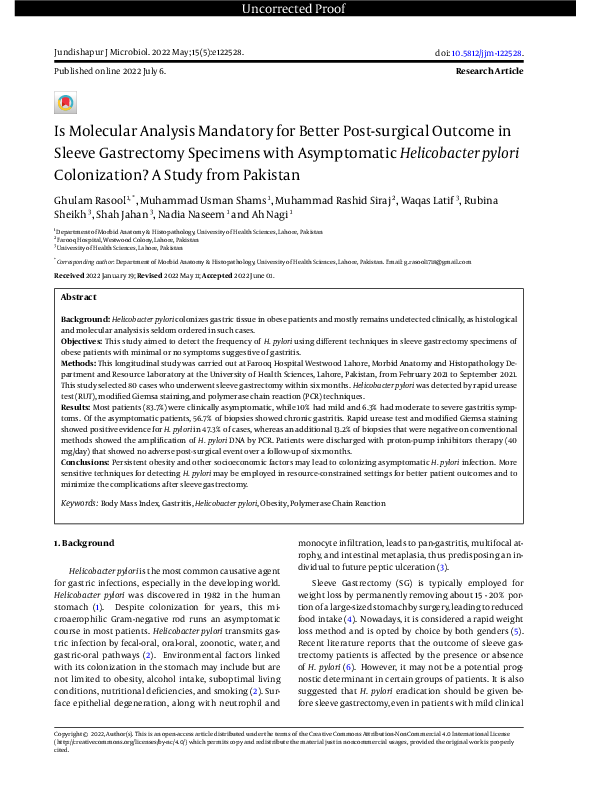 Is Molecular Analysis Mandatory for Better Post-surgical Outcome in Sleeve Gastrectomy Specimens with Asymptomatic Helicobacter pylori Colonization? A Study from Pakistan