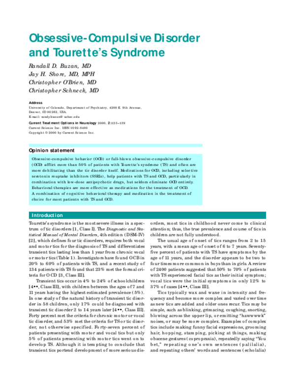 (PDF) Obsessive-compulsive disorder and Tourette’s syndrome