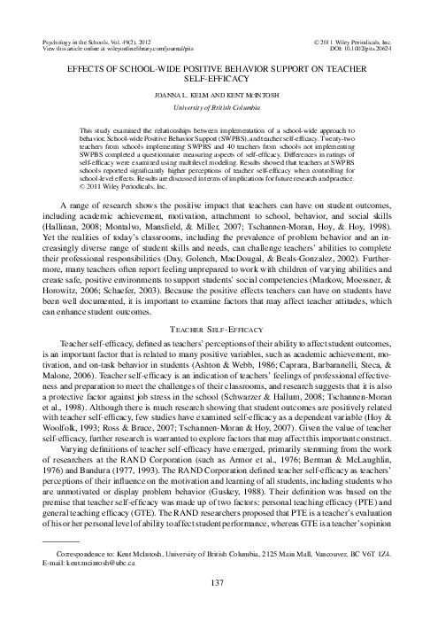 (PDF) Effects of school-wide positive behavior support on teacher self ...