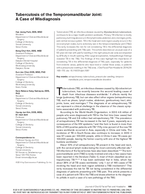 (PDF) Tuberculosis of Temporomandibular Joint A Case Report