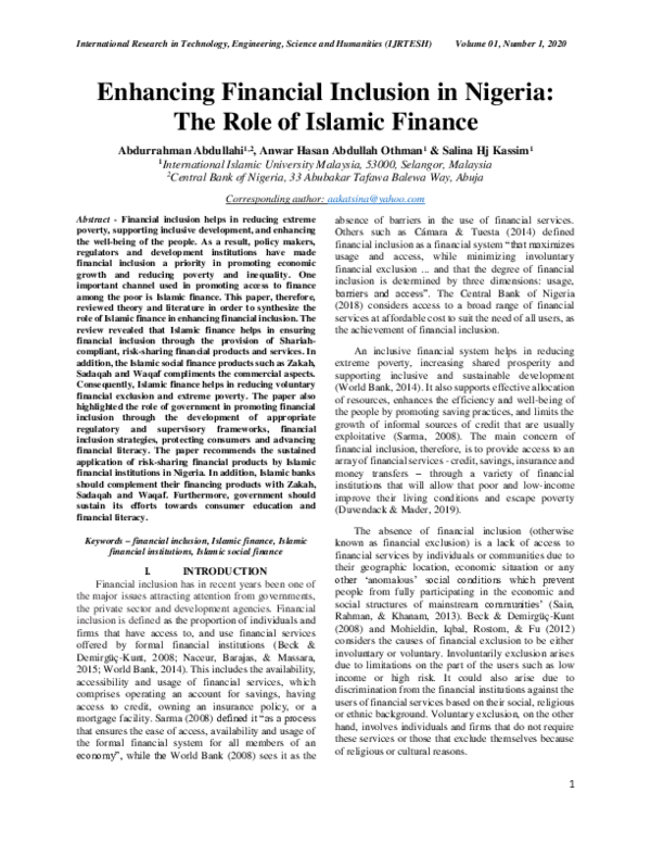 (PDF) Enhancing financial inclusion in Nigeria: the role of Islamic finance