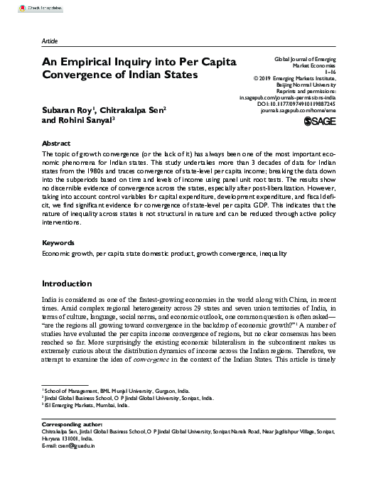 (PDF) An Empirical Inquiry into Per Capita Convergence of Indian States
