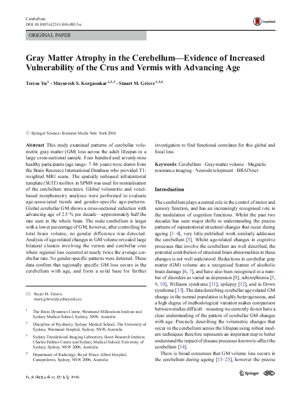 (PDF) Gray Matter Atrophy in the Cerebellum-Evidence of Increased ...