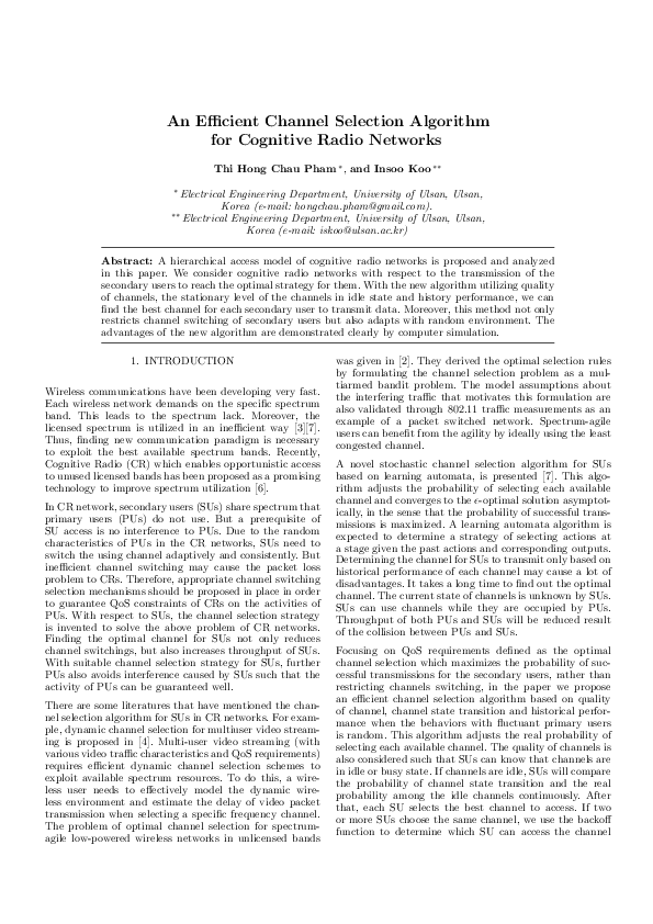 (PDF) An Efficient Channel Selection Algorithm for Cognitive Radio Networks