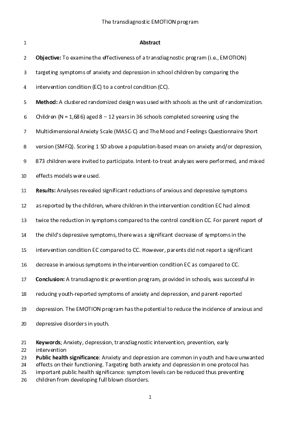 (PDF) Prevention of anxiety and depression in school children ...