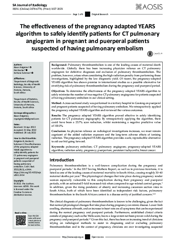 (PDF) The effectiveness of the pregnancy adapted YEARS algorithm to ...