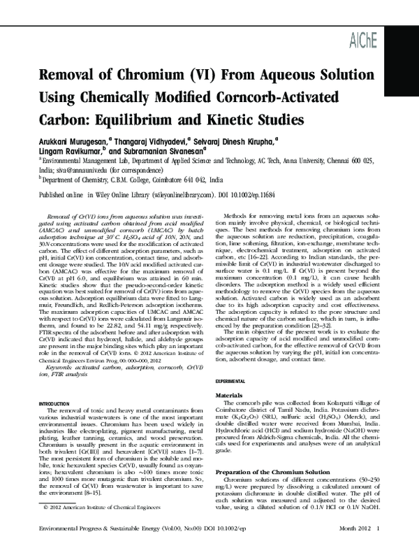 (PDF) Removal of chromium (VI) from aqueous solution using chemically ...